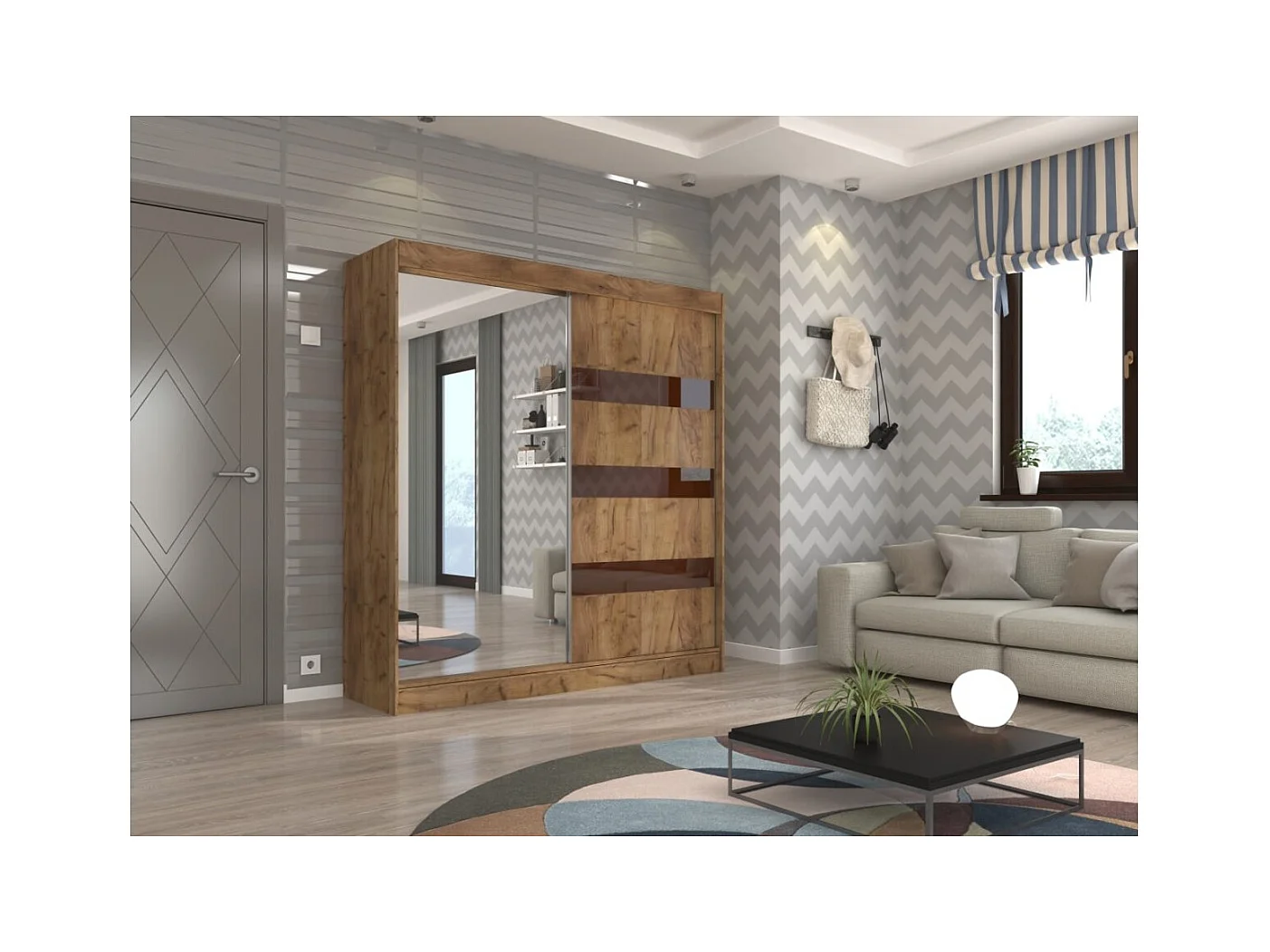 Kleiderschrank Thora (200cm)/Spiegel/Schiebetüren/Braun