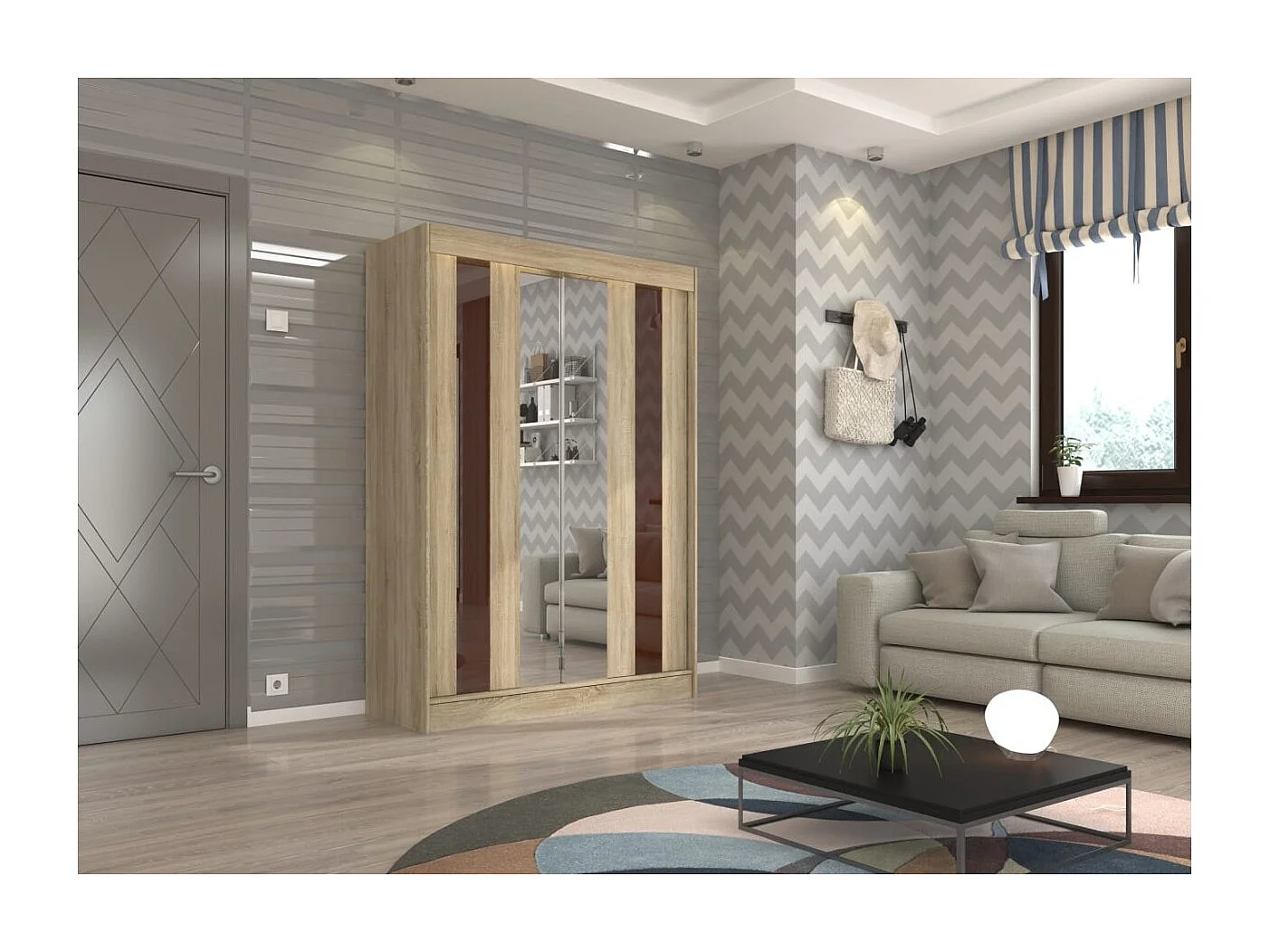 Armadio Kiran (150cm)/Specchio/Ante scorrevoli/Sonoma