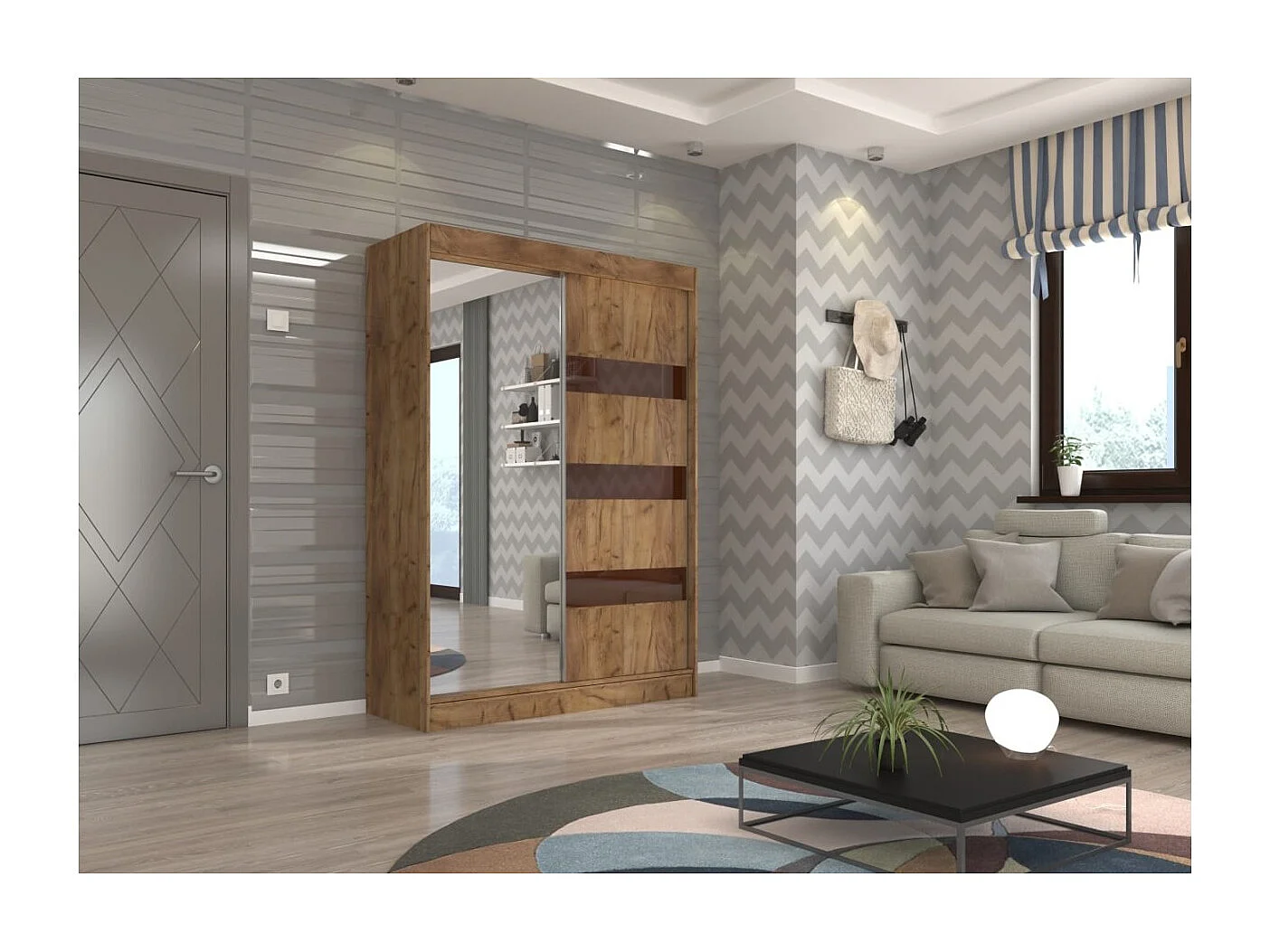 Armoire Thora (150cm)/Miroir/Portes coulissantes/Marron