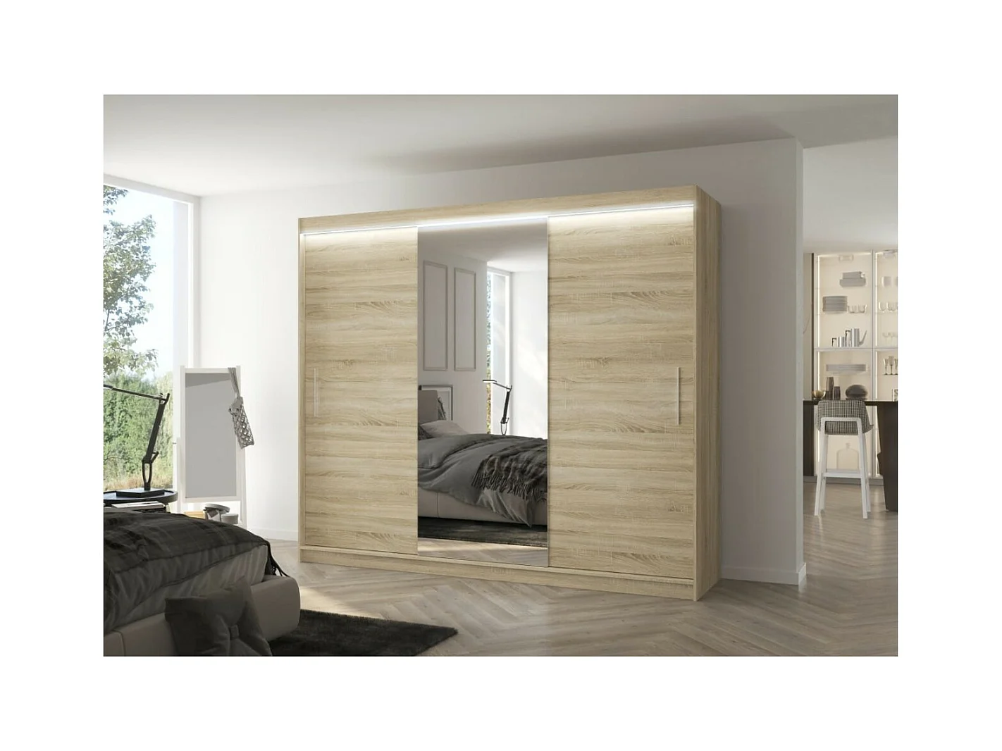 Armoire Bargala (250cm)/Miroir/LED/Portes coulissantes/Sonoma