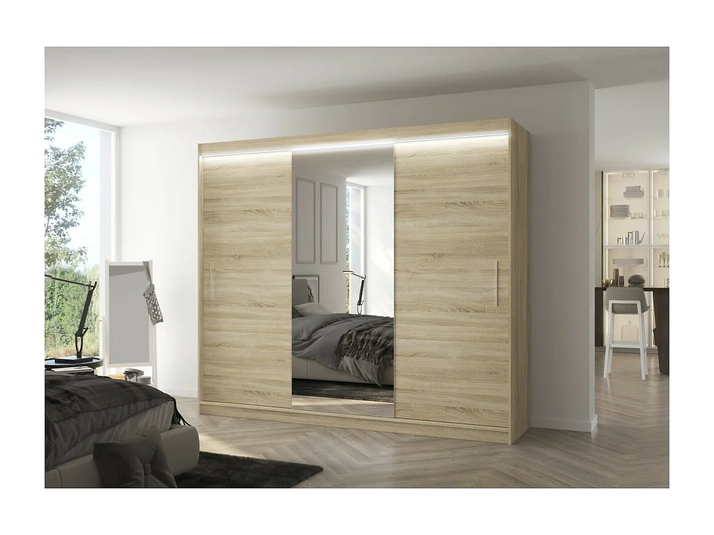 Kleiderschrank Bargala (250cm)/Spielgel/LED/Schiebetüren/Sonoma