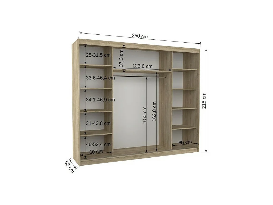 Kleiderschrank Bargala (250cm)/Spielgel/LED/Schiebetüren/Sonoma