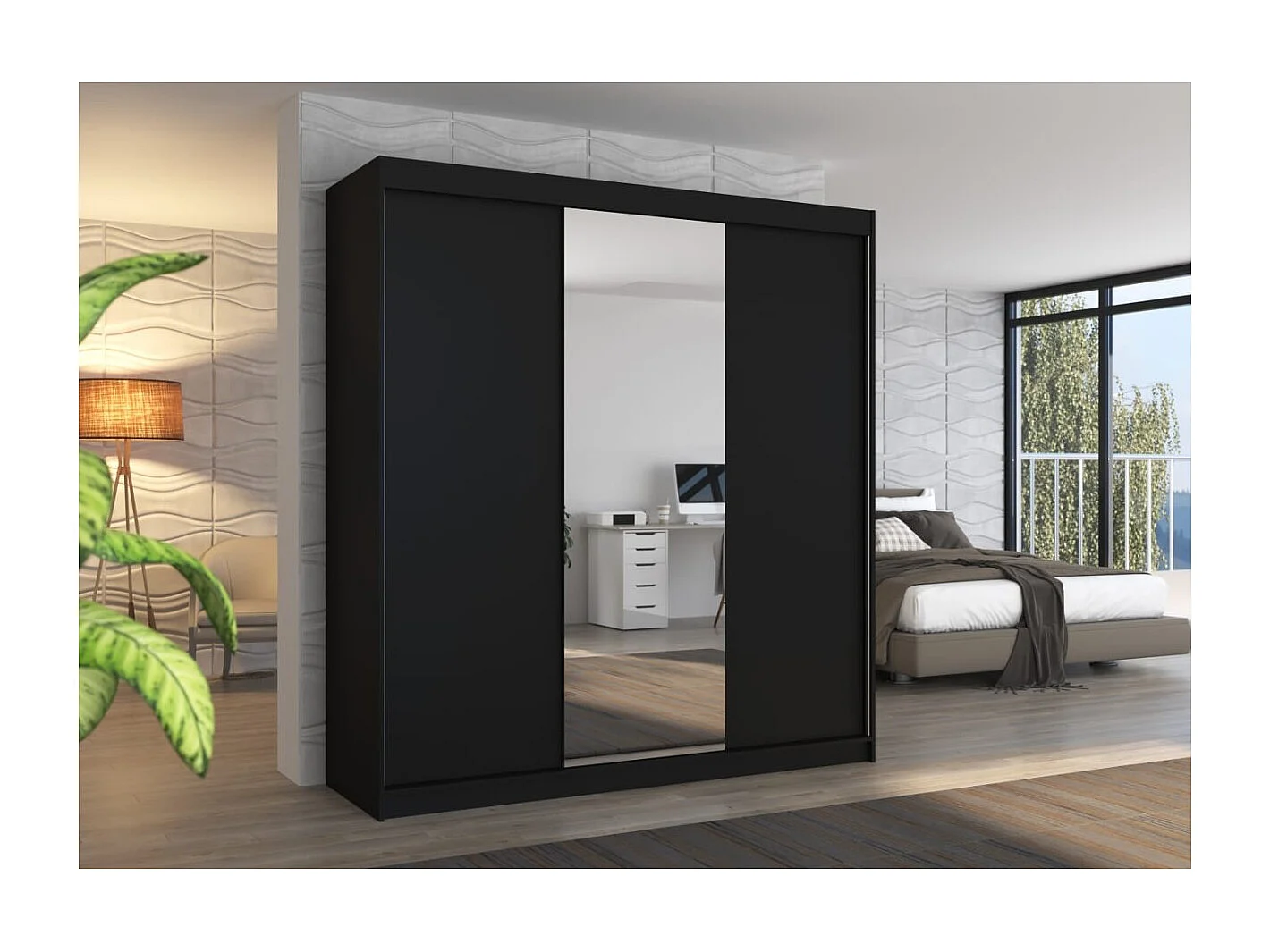 Armoire Lima (200cm)/Miroir/Portes coulissantes/Noir