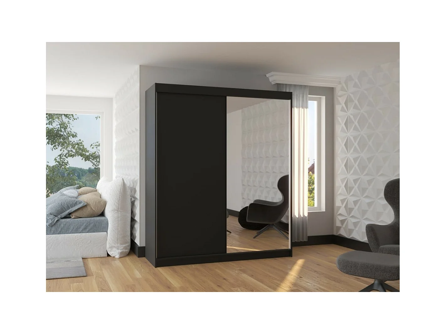 Armadio Vigi (180cm)/Specchio/LED/Ante scorrevoli/Nero