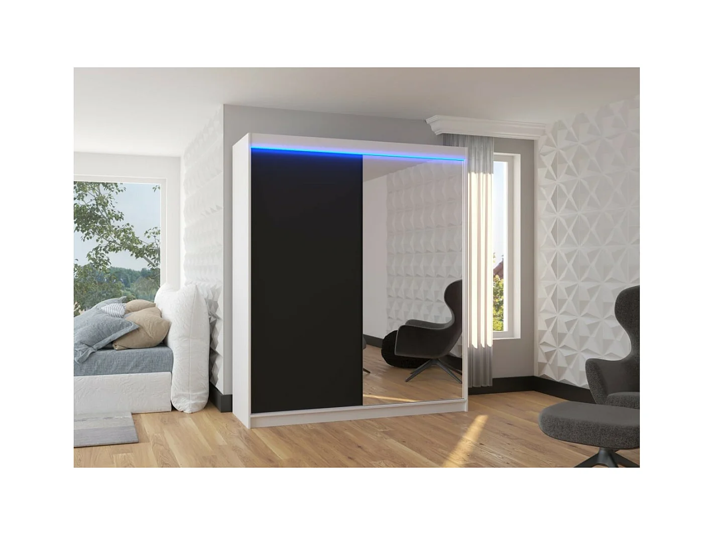 Armadio Vigi (180cm)/Specchio/LED/Ante scorrevoli/Bianco&Nero