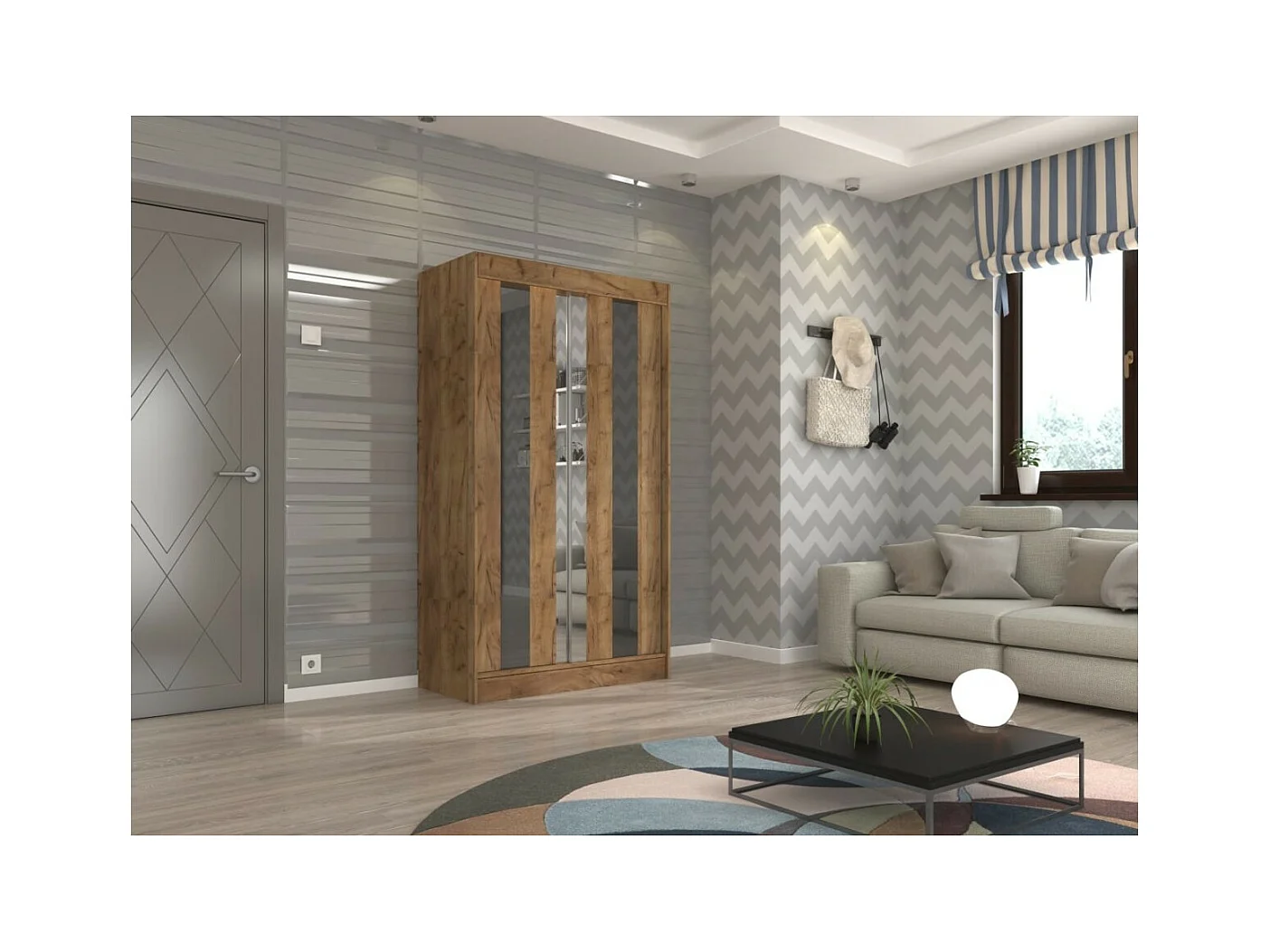 Kleiderschrank Kiran (120cm)/Spiegel/Schiebetüren/Braun