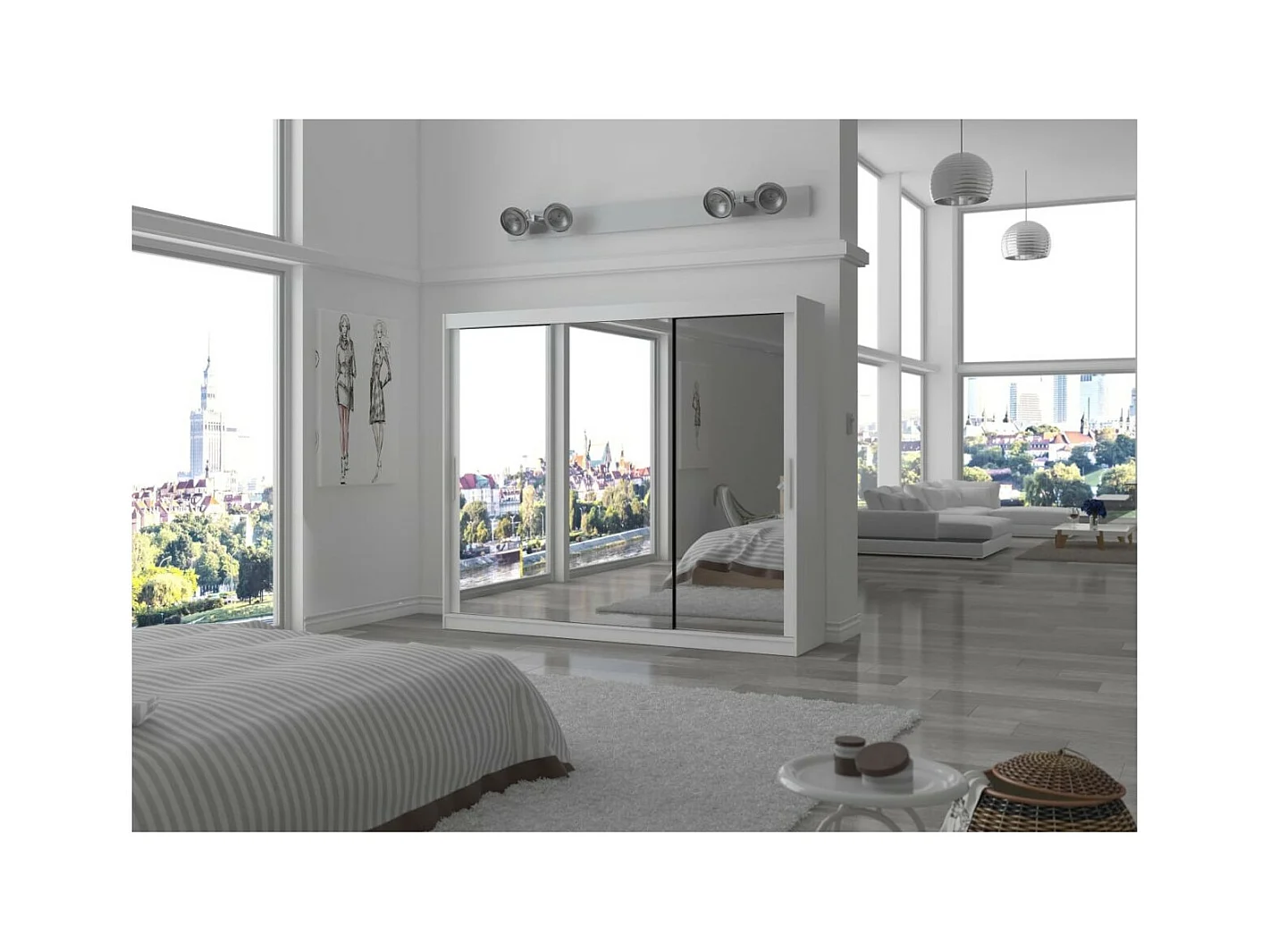 Armoire Lava (250cm)/Portes coulissantes/Miroir/Blanc