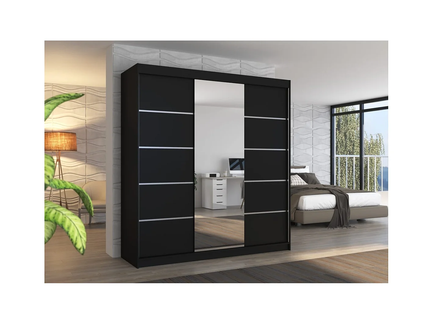 Armadio Luzia (200cm)/ante scorrevoli/specchio/Nero