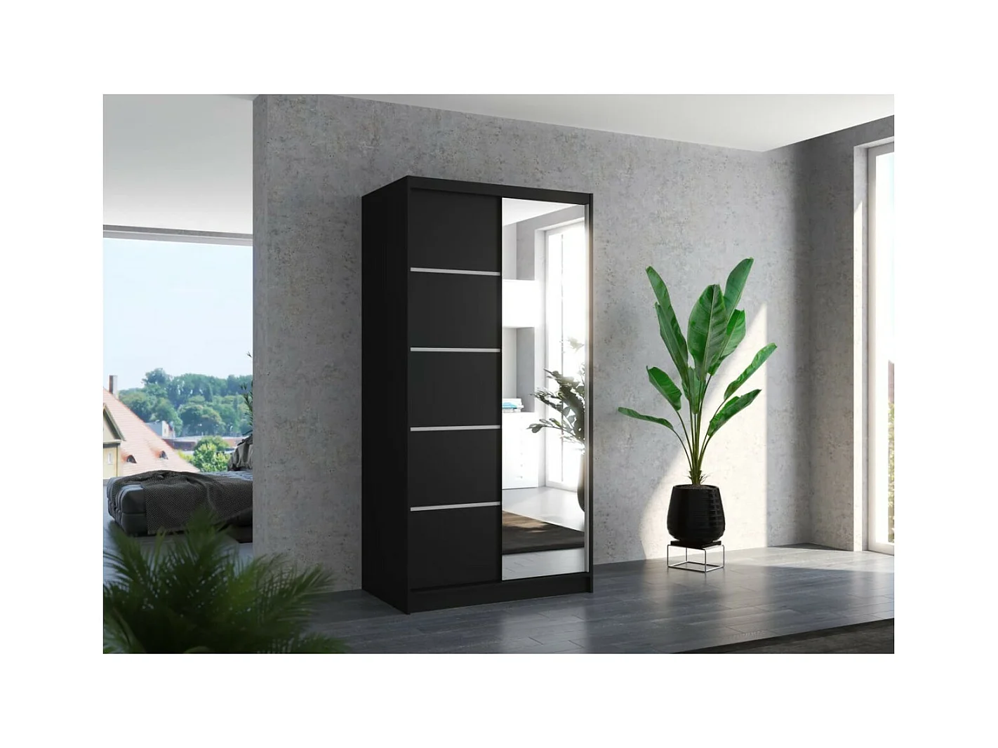 Armoire Pino (100cm)/Miroir/Portes coulissantes/Noir