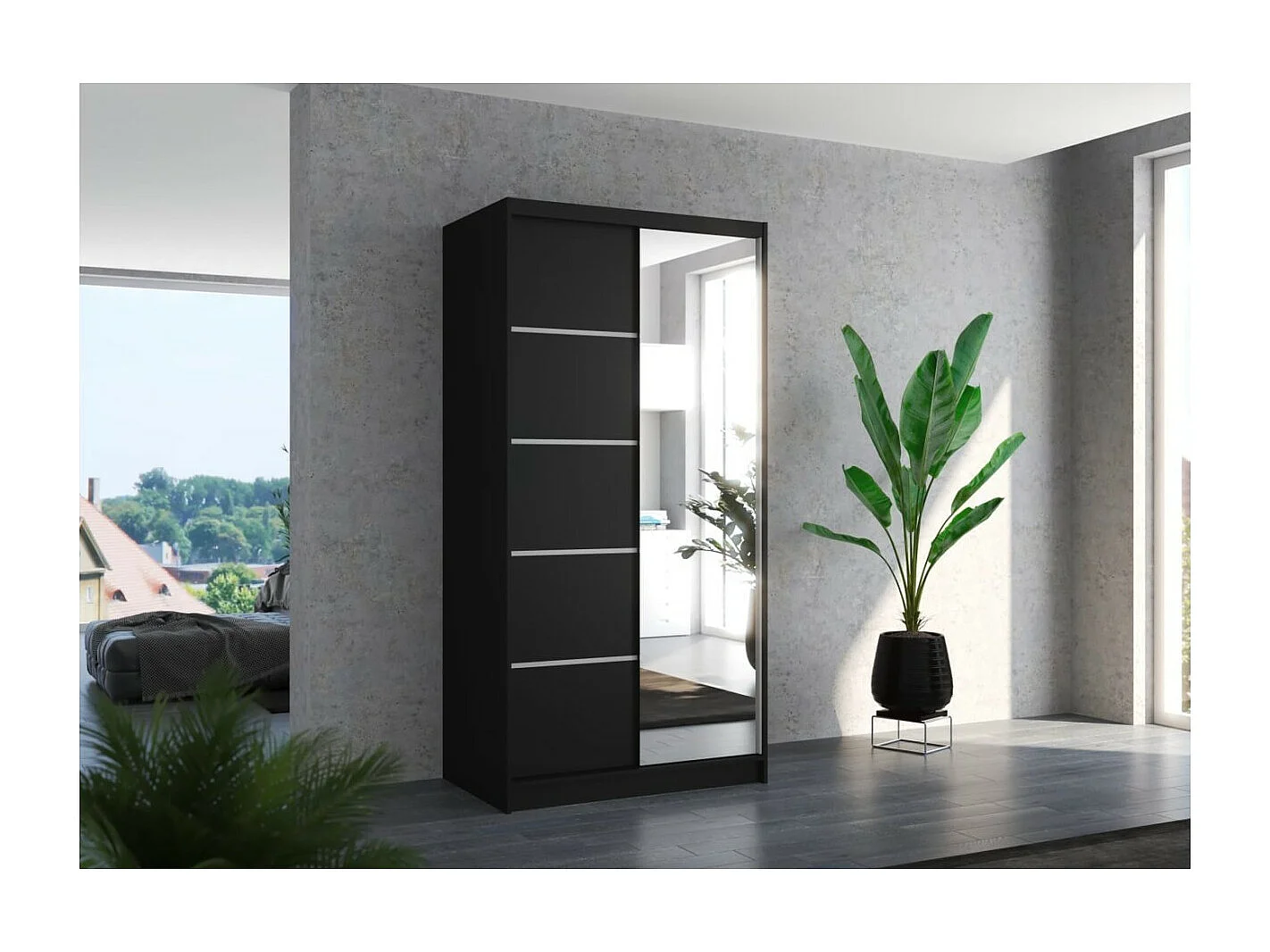 Kleiderschrank Pino (100cm)/Spielgel/Schiebetüren/Schwarz