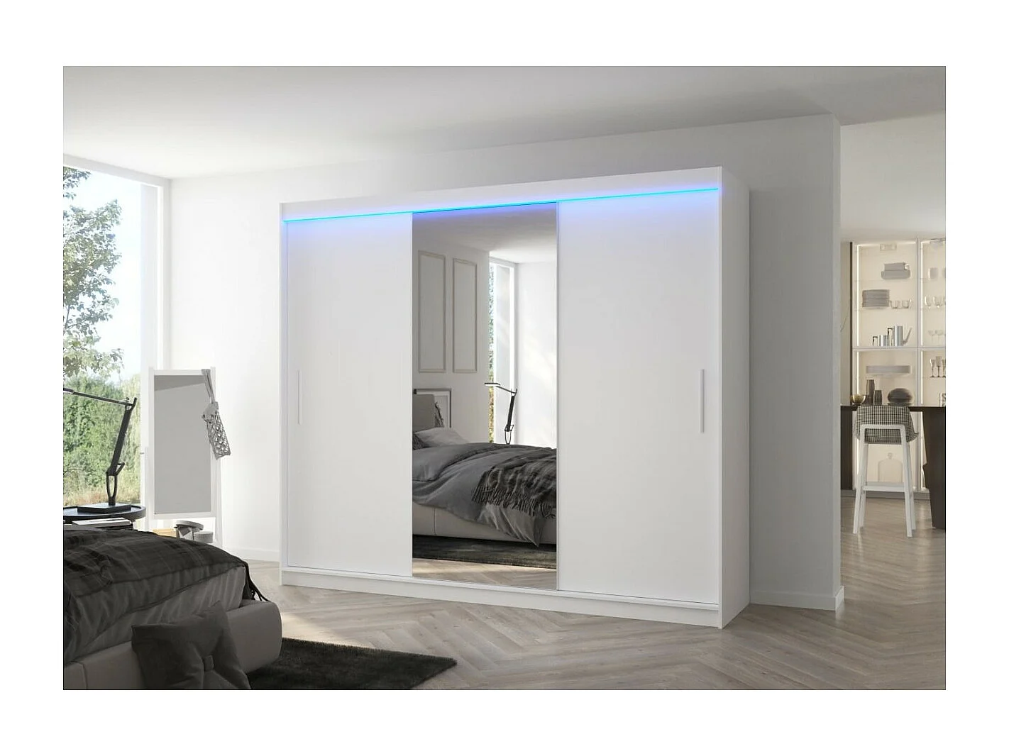 Armoire Bargala (250cm)/Miroir/LED/Portes coulissantes/Blanc