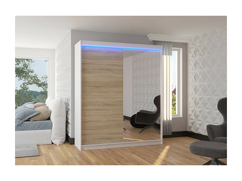 Armoire Vigi (180cm)/Miroir/LED/Portes coulissantes/Blanc&Sonoma