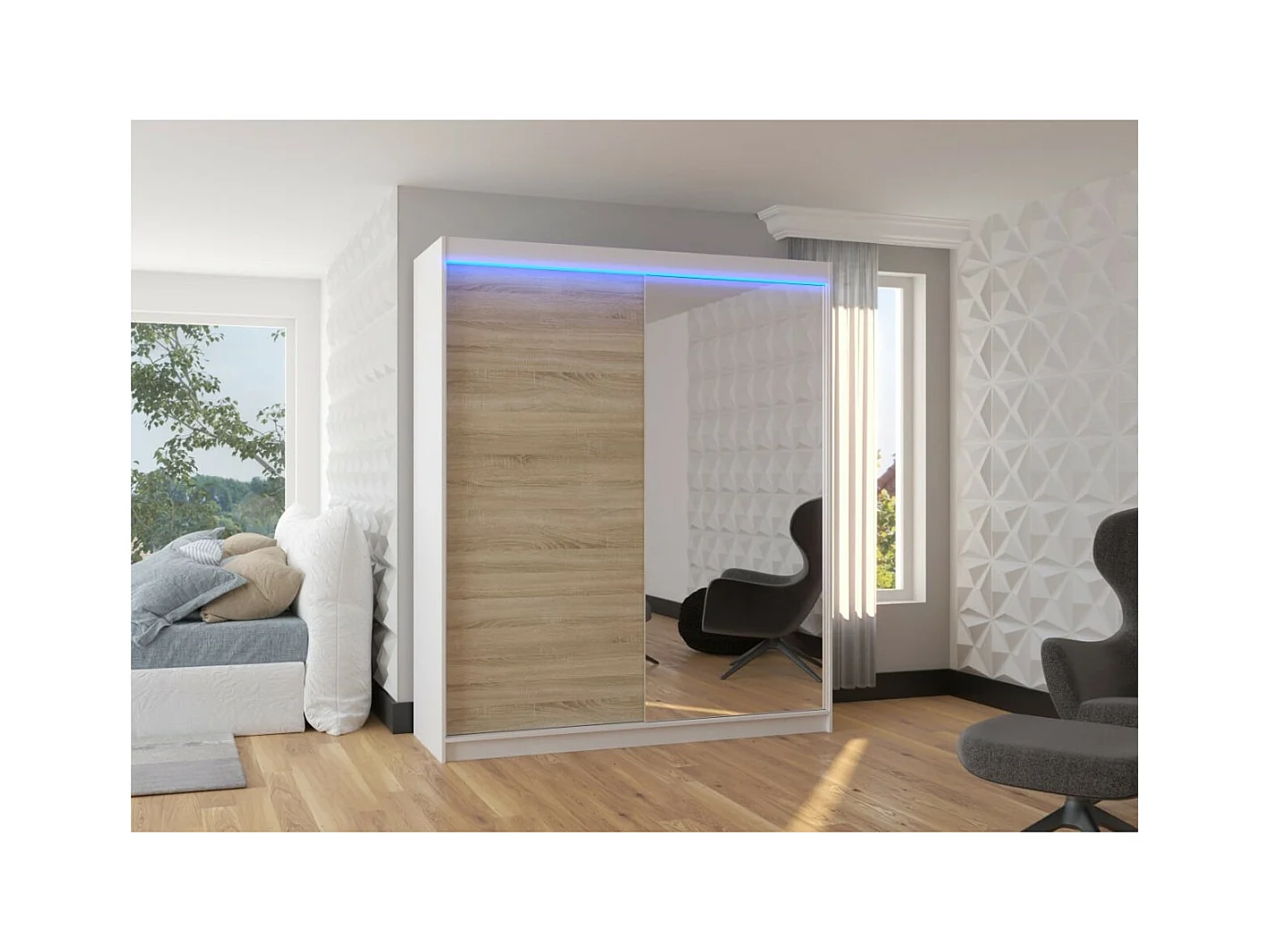 Kleiderschrank Vigi (180cm)/Spiegel/LED/Schiebetüren/Weiss&Sonoma