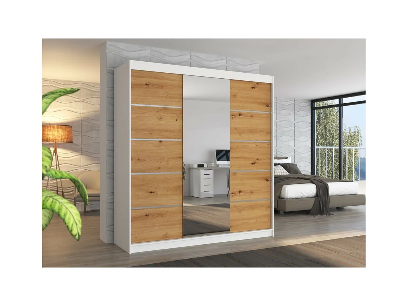 Armoire Luzia (200cm)/portes coulissantes/miroir/Blanc&Marron