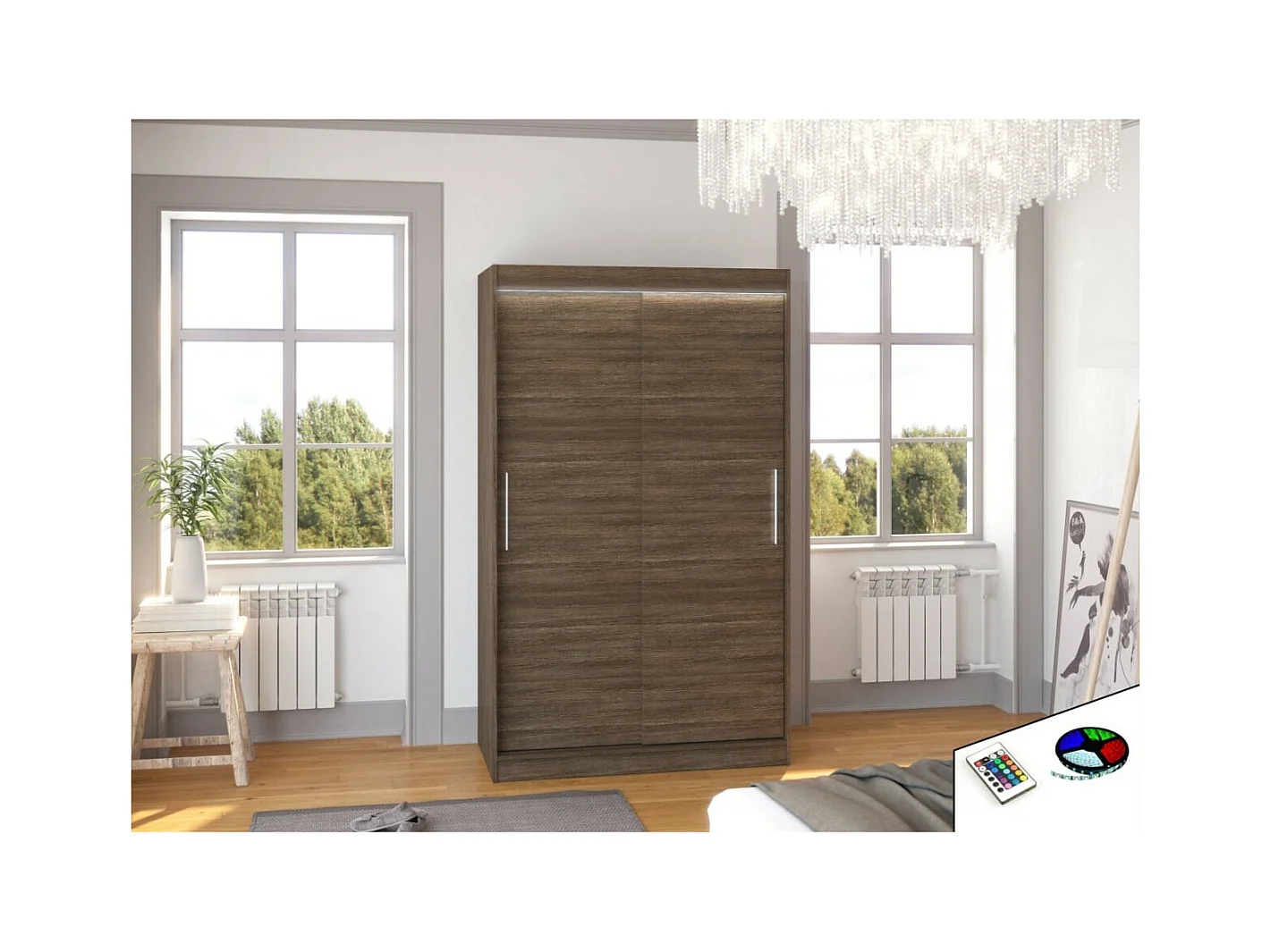 Armoire Ronn (120cm)/portes coulissantes/LED/Marron