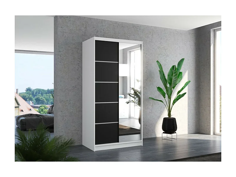 Armoire Pino (100cm)/Miroir/Portes coulissantes/Blanc&Noir
