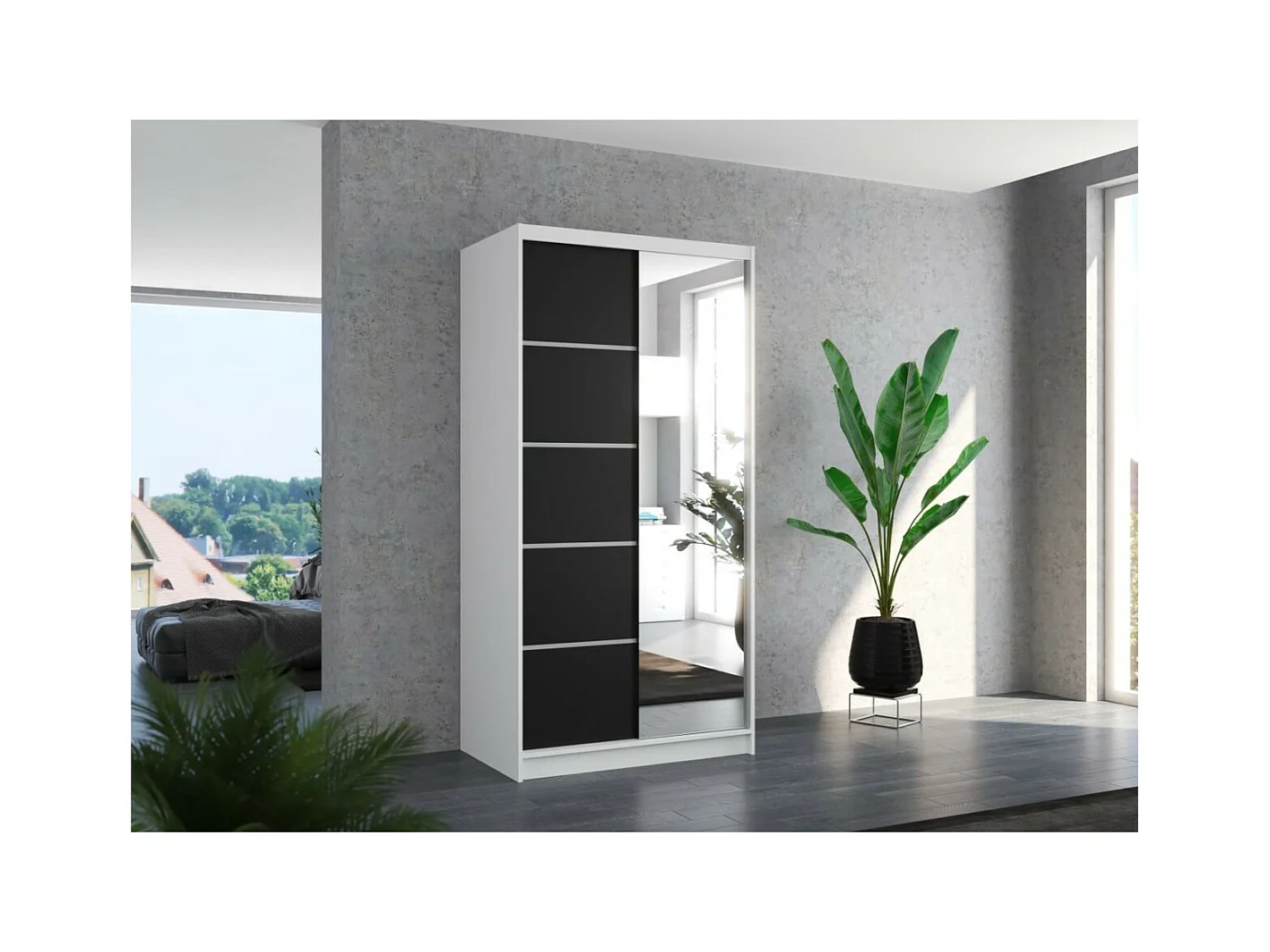Armoire Pino (100cm)/Miroir/Portes coulissantes/Blanc&Noir