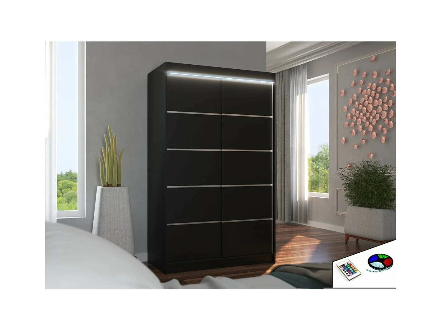 Armadio Tamon (120cm)/ante scorrevoli/LED/Nero