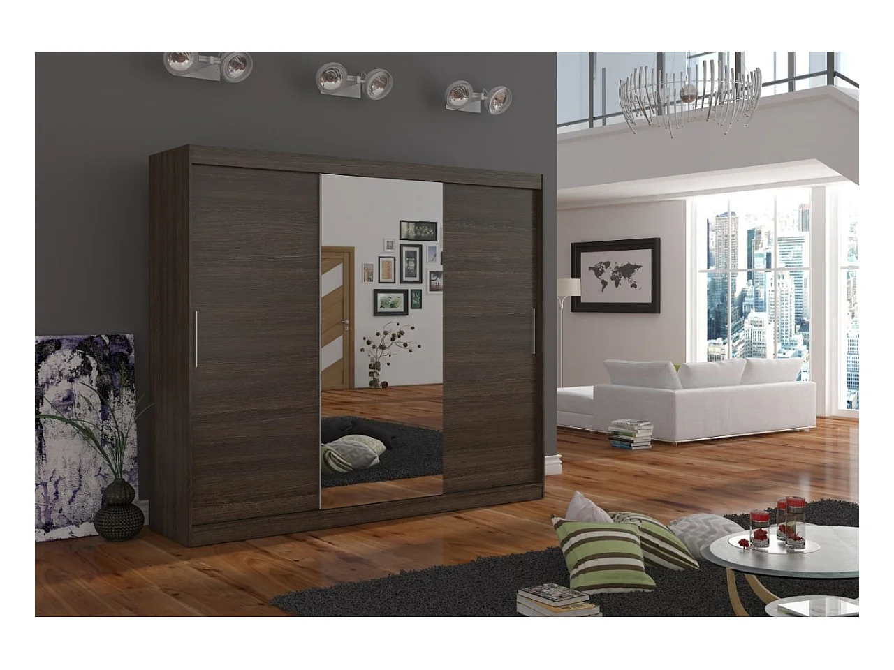 Armoire Bargala (250cm)/Miroir/Portes coulissantes/Marron