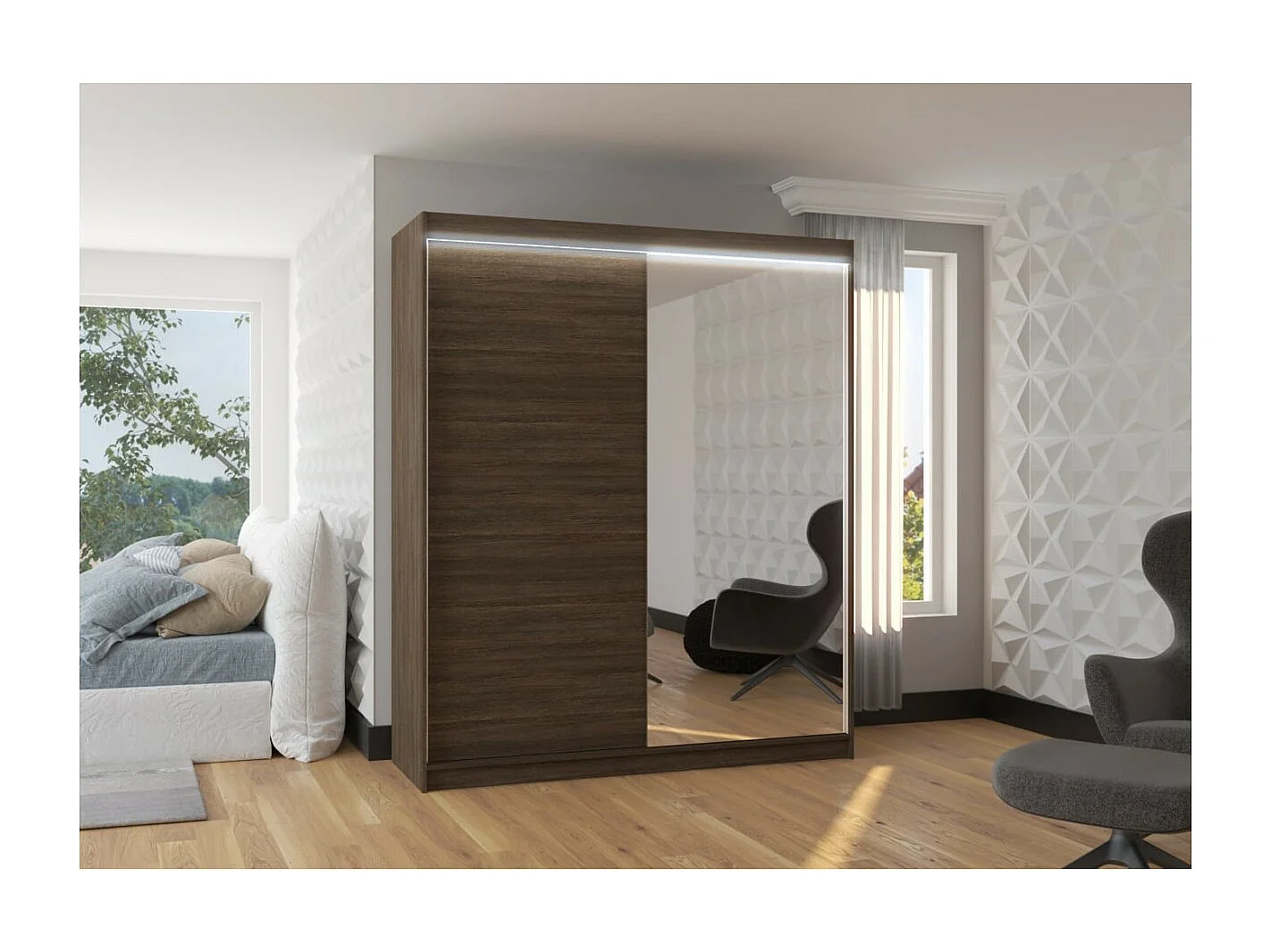 Armadio Vigi (180cm)/Specchio/LED/Ante scorrevoli/Marrone