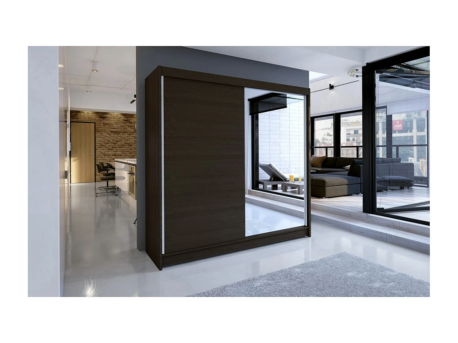 Armadio Vigi (180cm)/Specchio/LED/Ante scorrevoli/Marrone