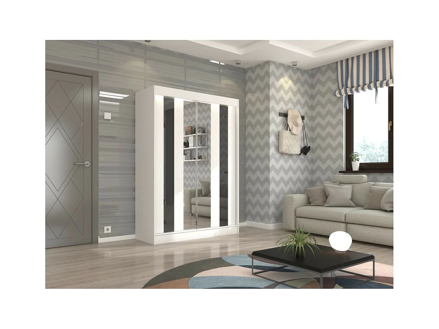 Armadio Kiran (150cm)/Specchio/Ante scorrevoli/Bianco