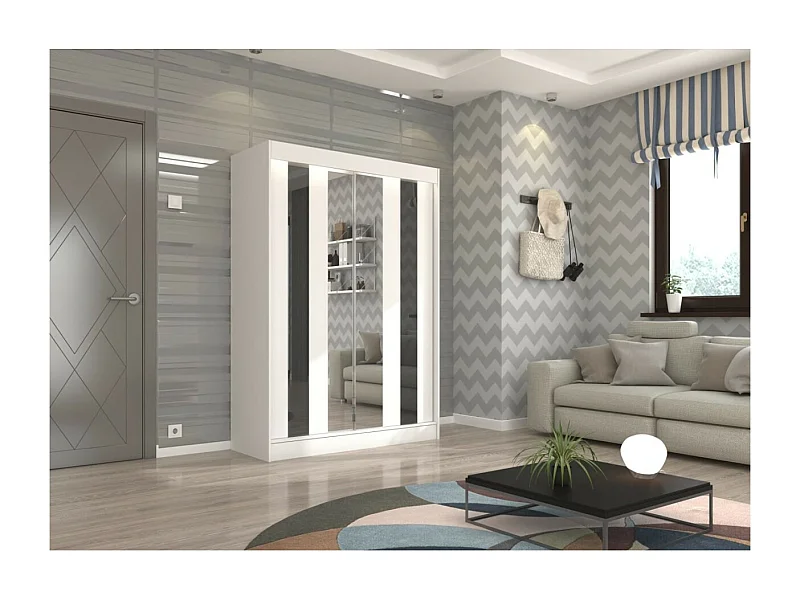 Armadio Kiran (150cm)/Specchio/Ante scorrevoli/Bianco