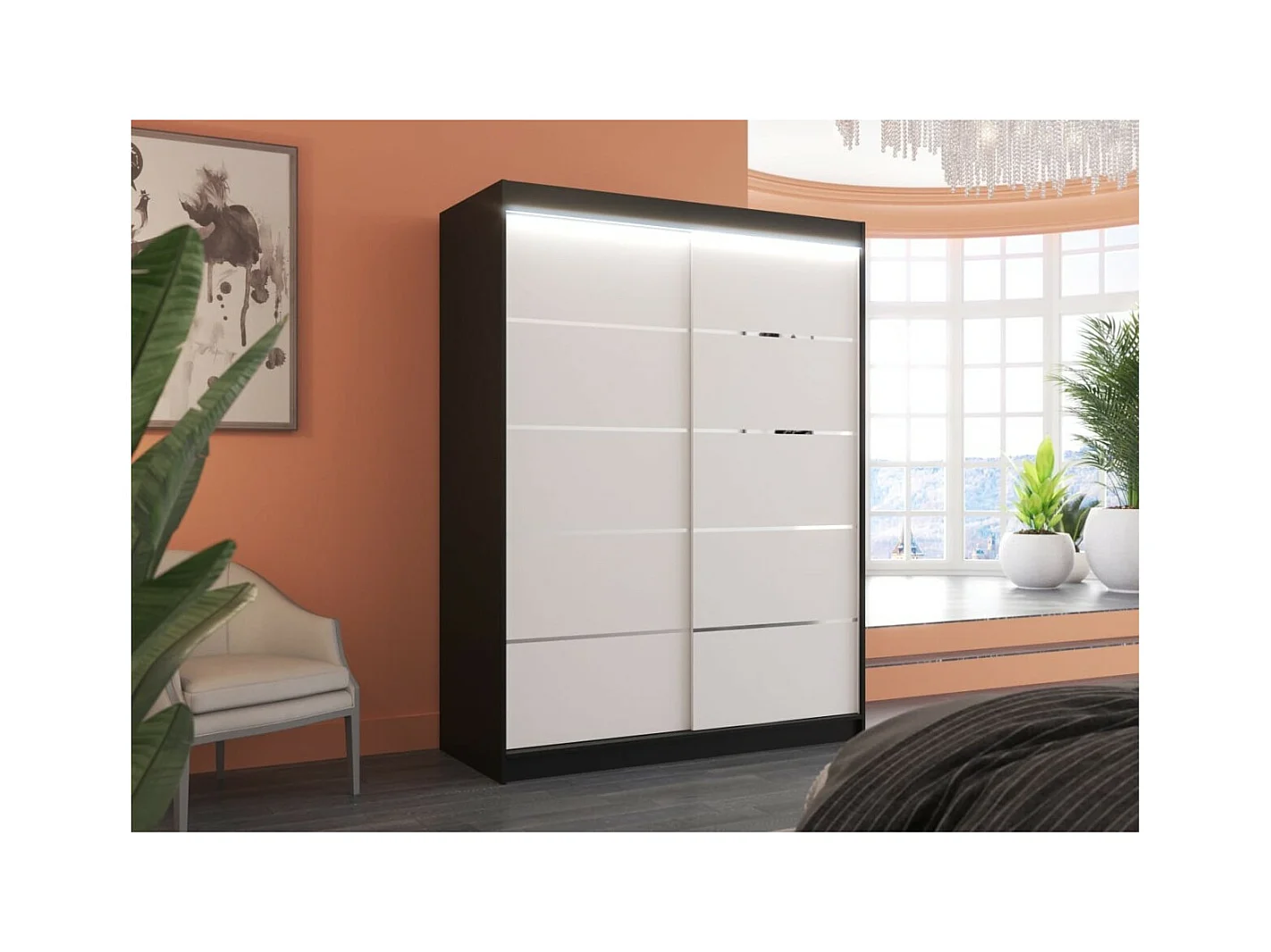 Armadio Soro (150cm)/ante scorrevoli/LED/Nero&Bianco