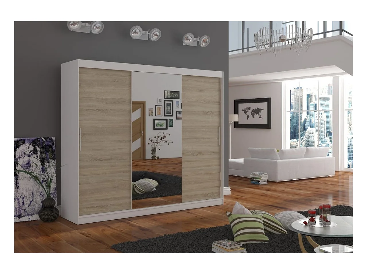 Armoire Bargala (250cm)/Miroir/Portes coulissantes/Blanc&Sonoma