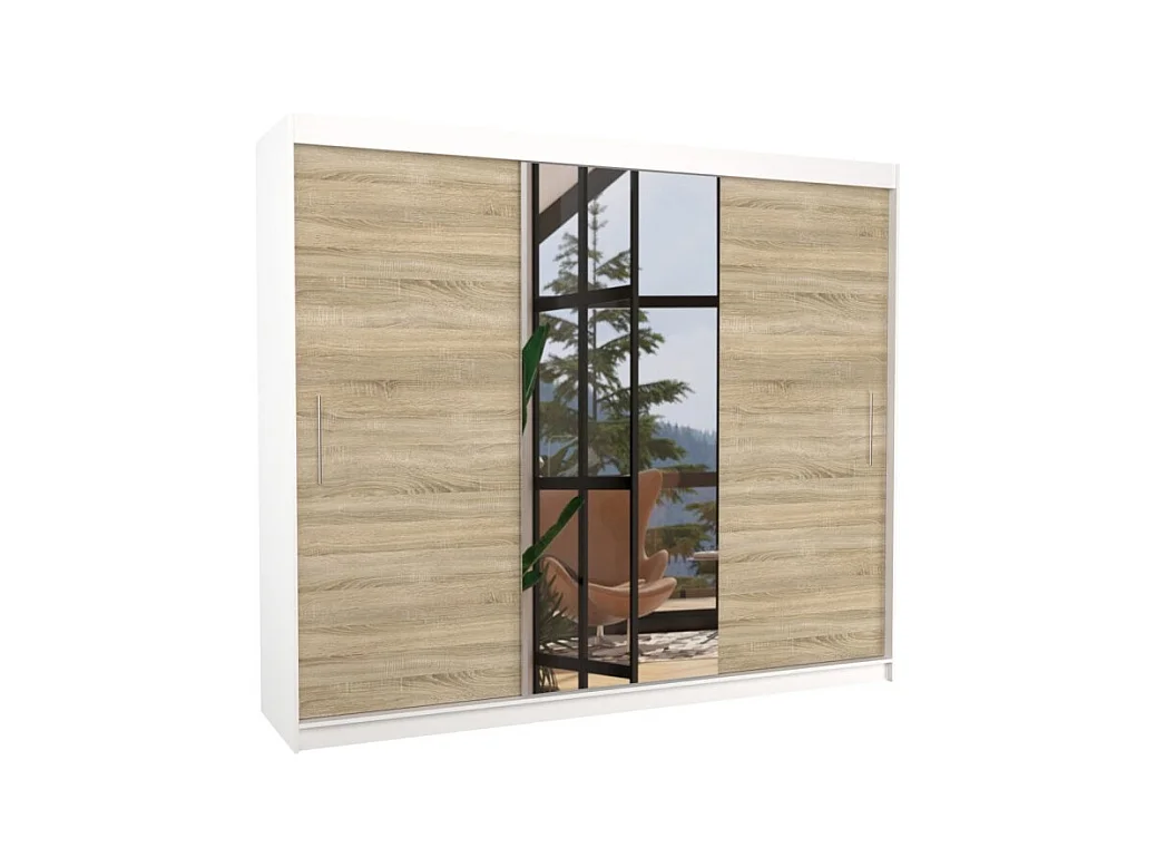 Armoire Bargala (250cm)/Miroir/Portes coulissantes/Blanc&Sonoma