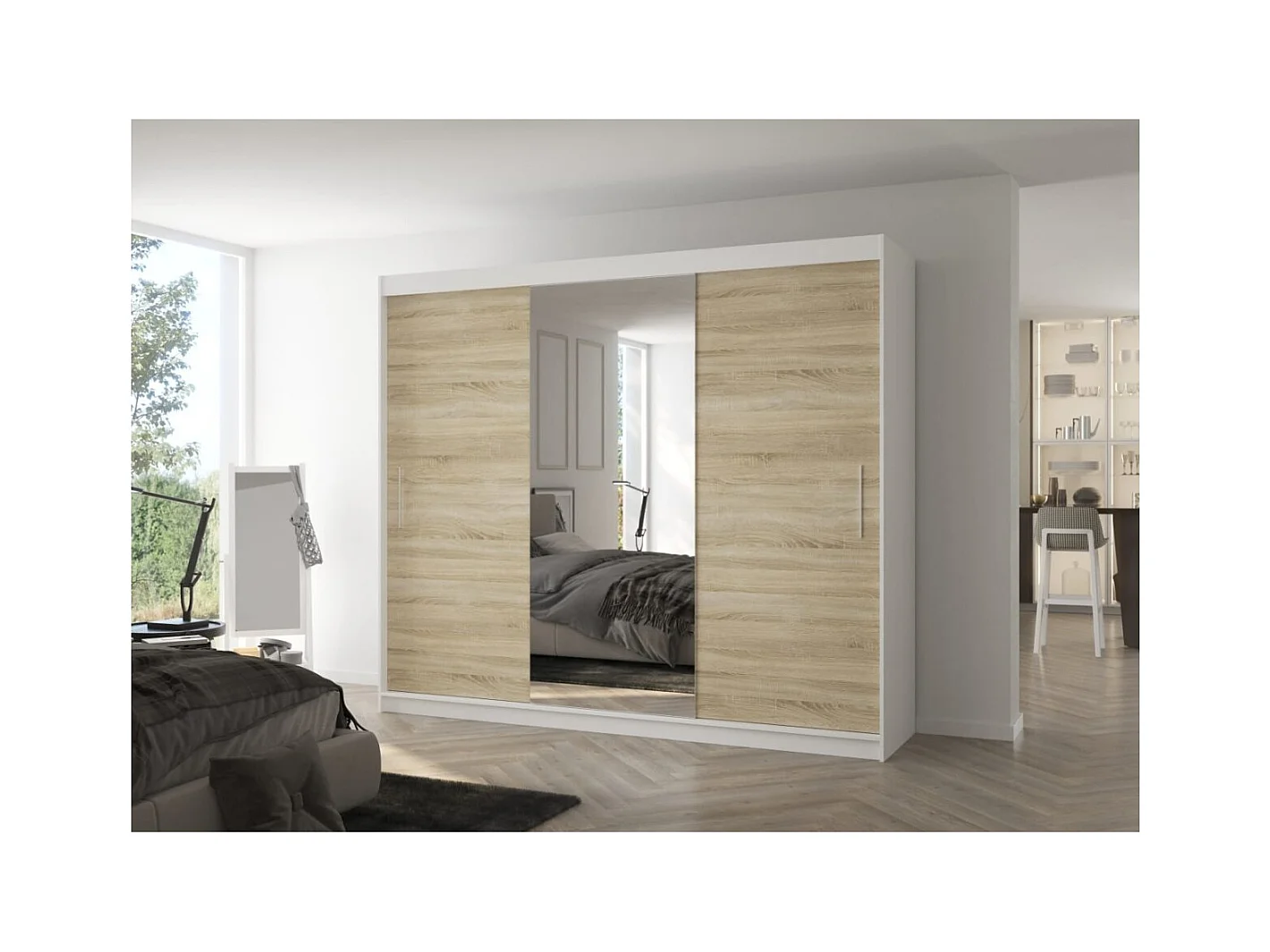 Armoire Bargala (250cm)/Miroir/Portes coulissantes/Blanc&Sonoma