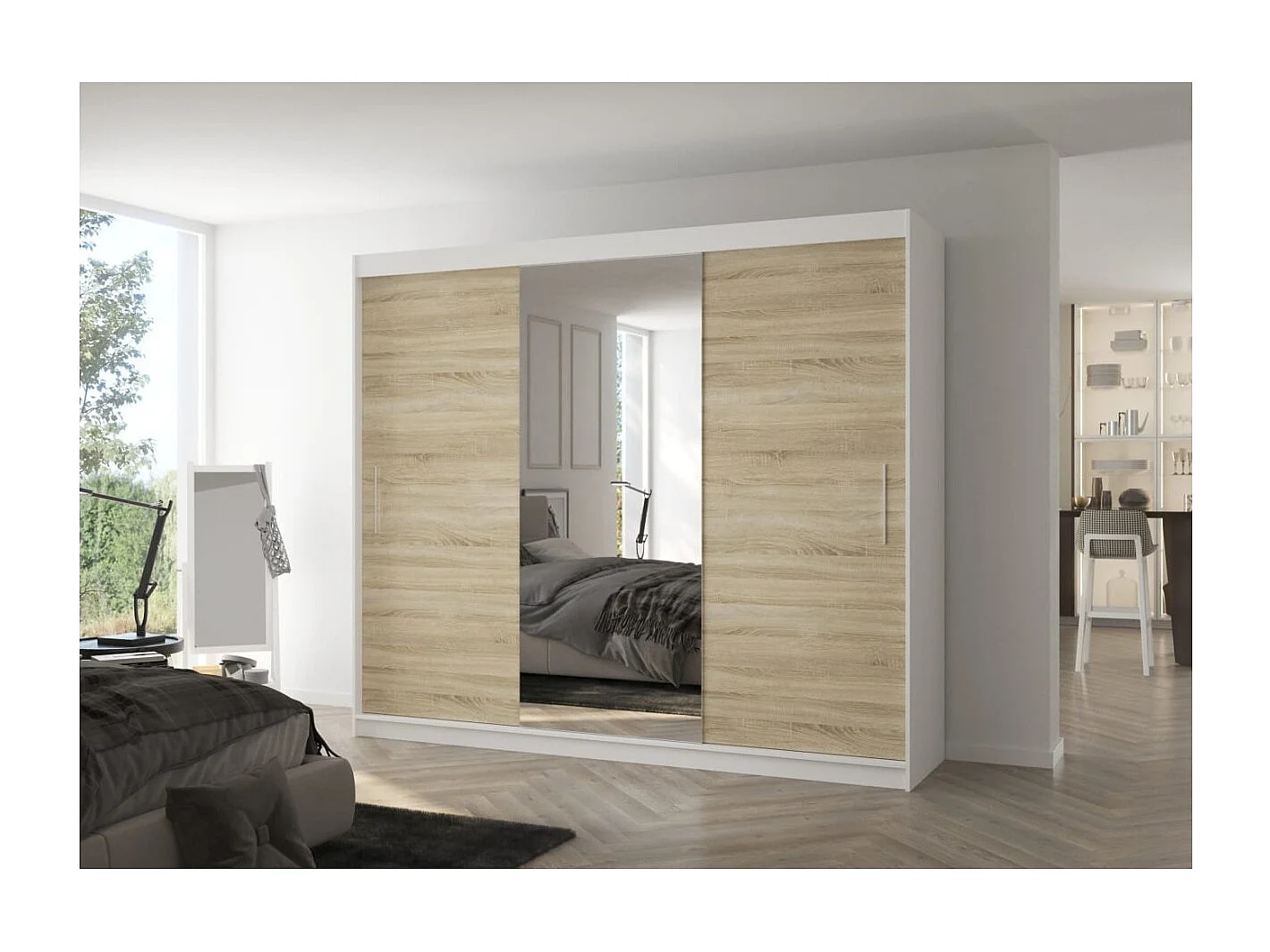 Armadio Bargala (250cm)/Specchio/Ante scorrevoli/Bianco&Sonoma