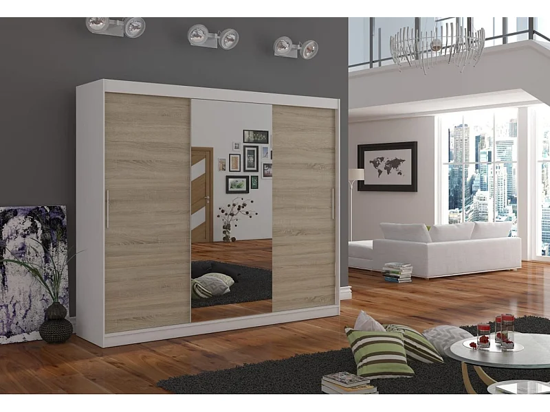 Armoire Bargala (250cm)/Miroir/Portes coulissantes/Blanc&Sonoma
