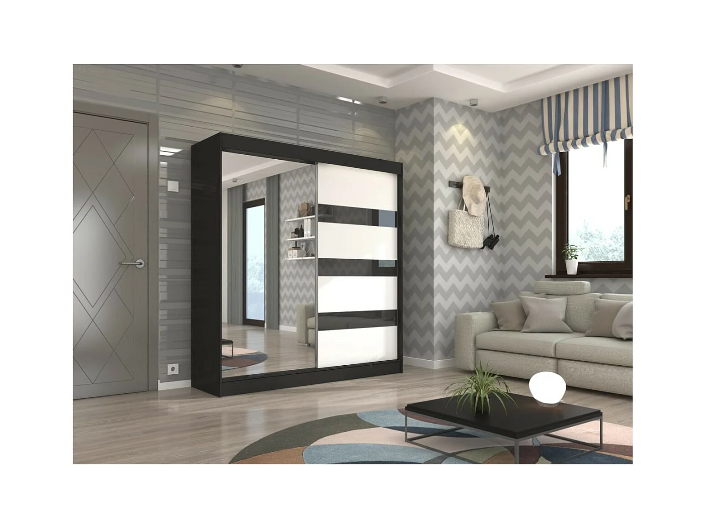 Kleiderschrank Thora (200cm)/Spiegel/Schiebetüren/Schwarz&Weiss