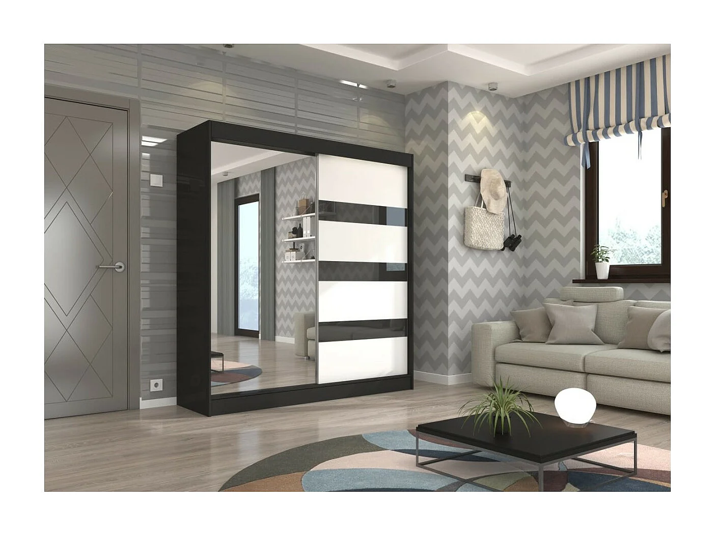 Kleiderschrank Thora (200cm)/Spiegel/Schiebetüren/Schwarz&Weiss