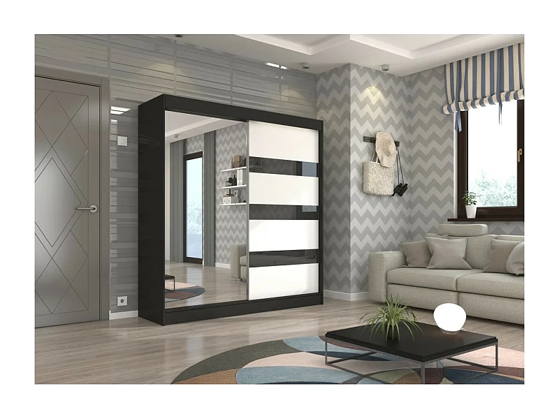 Kleiderschrank Thora (200cm)/Spiegel/Schiebetüren/Schwarz&Weiss