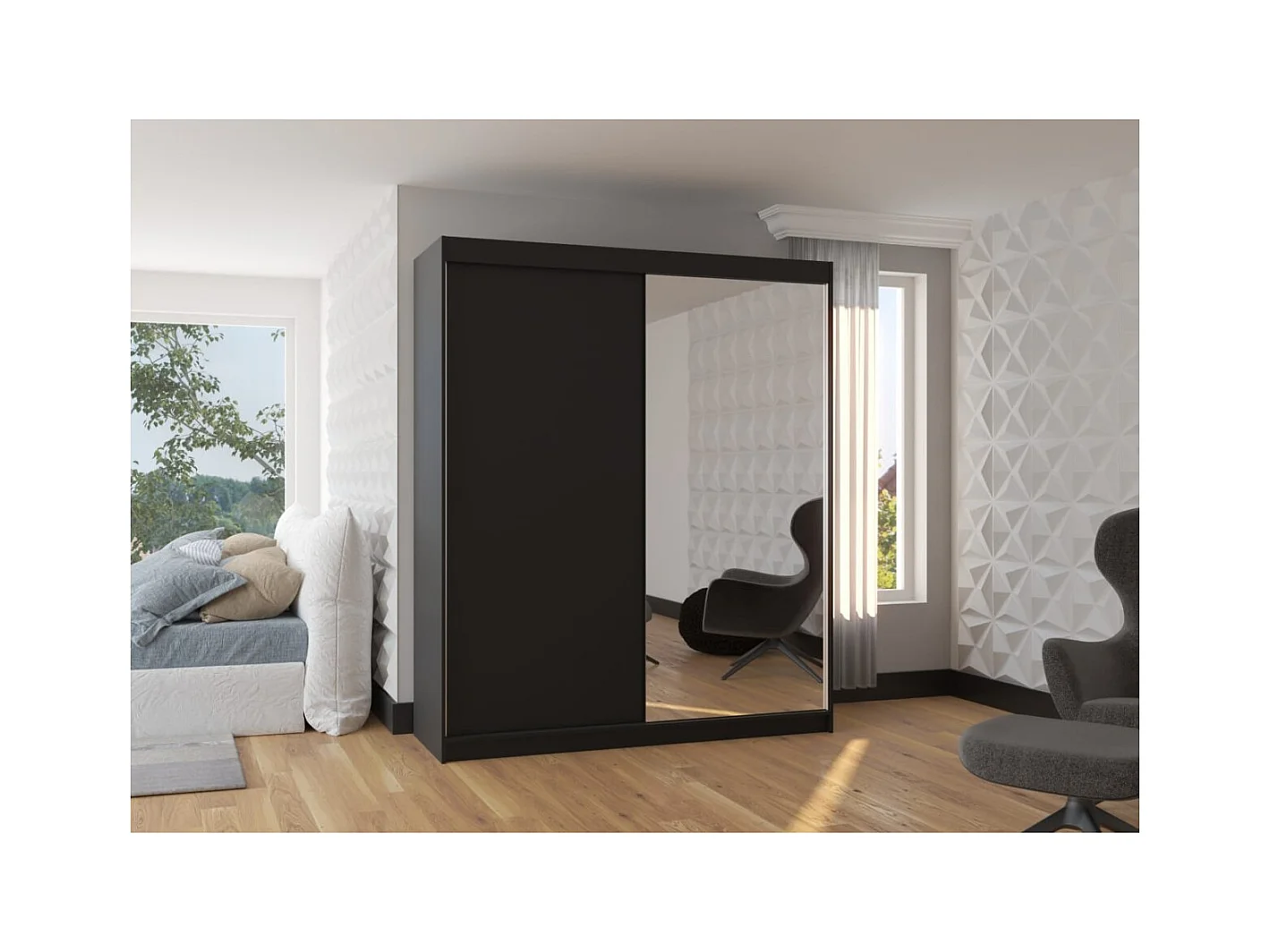 Armadio Vigi (180cm)/Specchio/Ante scorrevoli/Nero