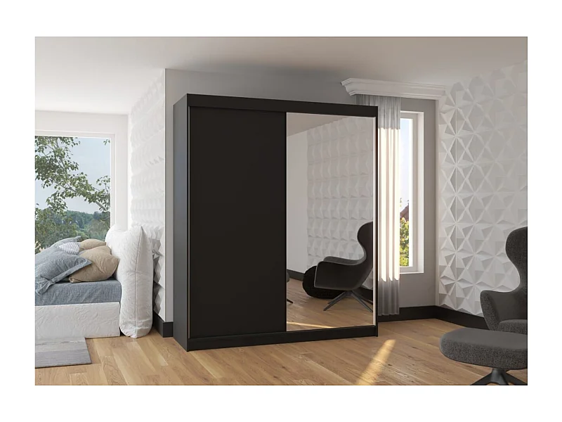 Kleiderschrank Vigi (180cm)/Spiegel/Schiebetüren/Schwarz