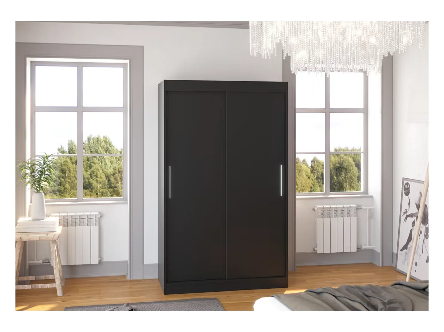 Armadio Ronn (120cm)/ante scorrevoli/LED/Nero