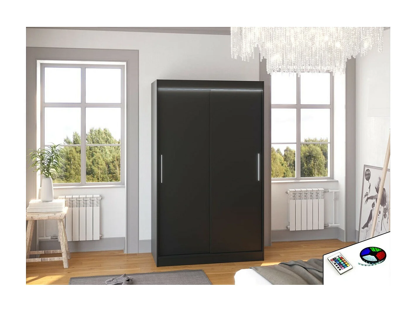 Armadio Ronn (120cm)/ante scorrevoli/LED/Nero