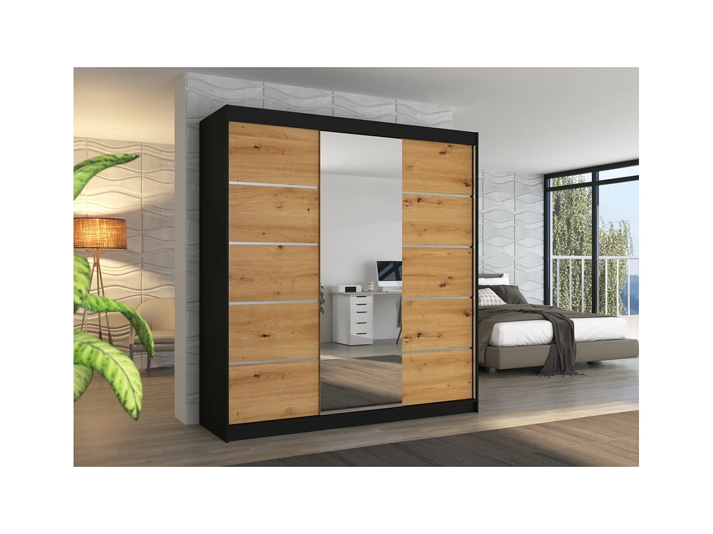 Kleiderschrank Luzia (200cm)/Schiebetüren/Spiegel/Schwarz&Braun