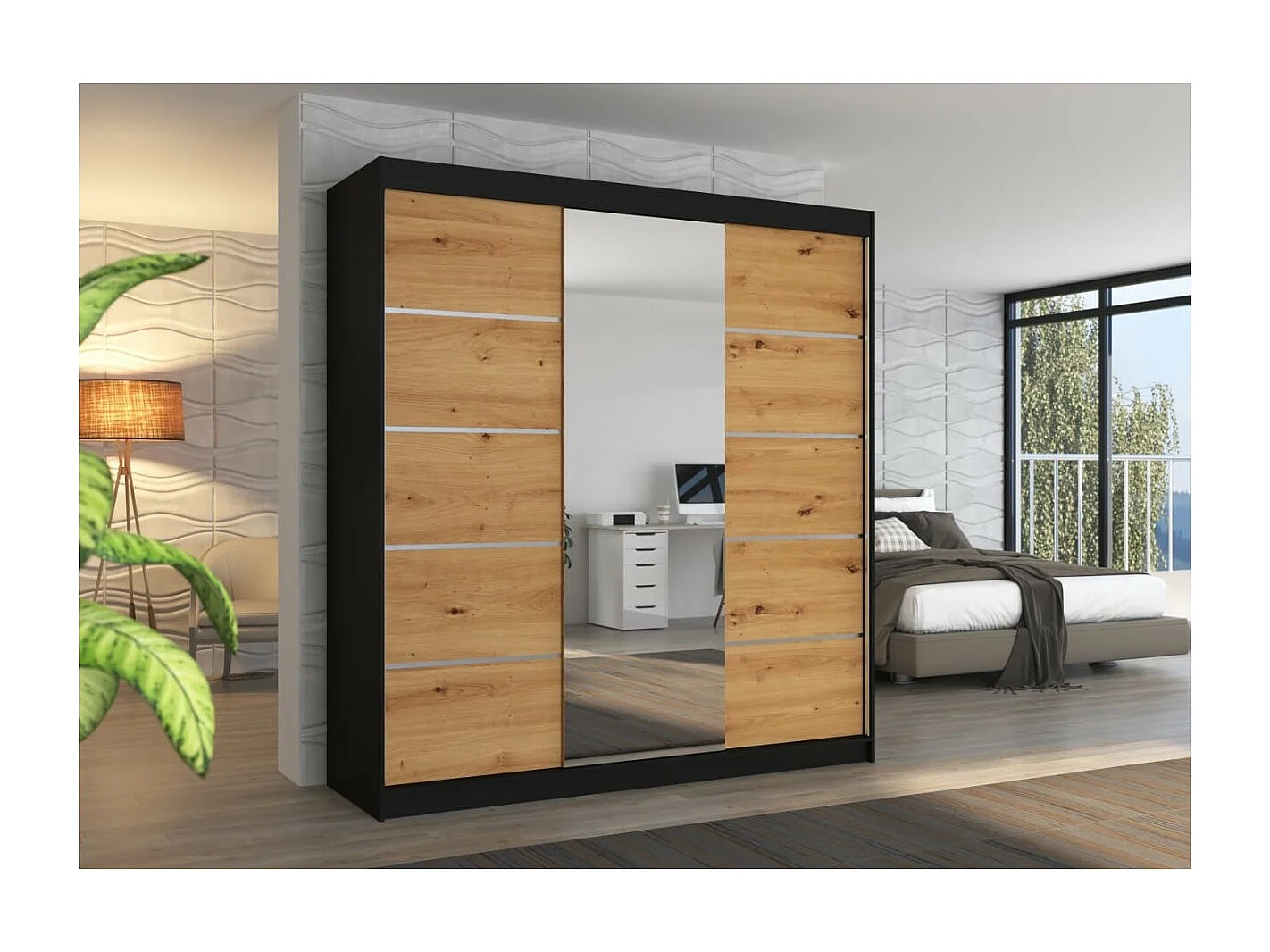 Kleiderschrank Luzia (200cm)/Schiebetüren/Spiegel/Schwarz&Braun