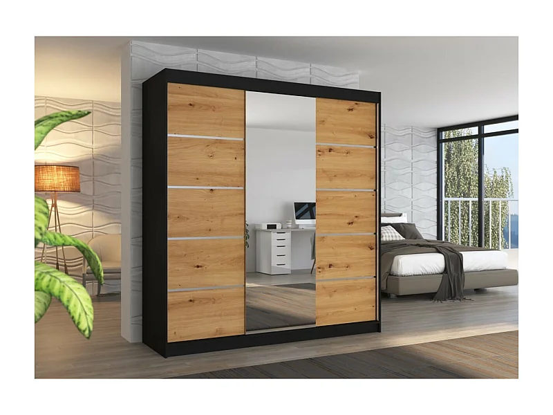 Armoire Luzia (200cm)/portes coulissantes/miroir/Noir&Marron