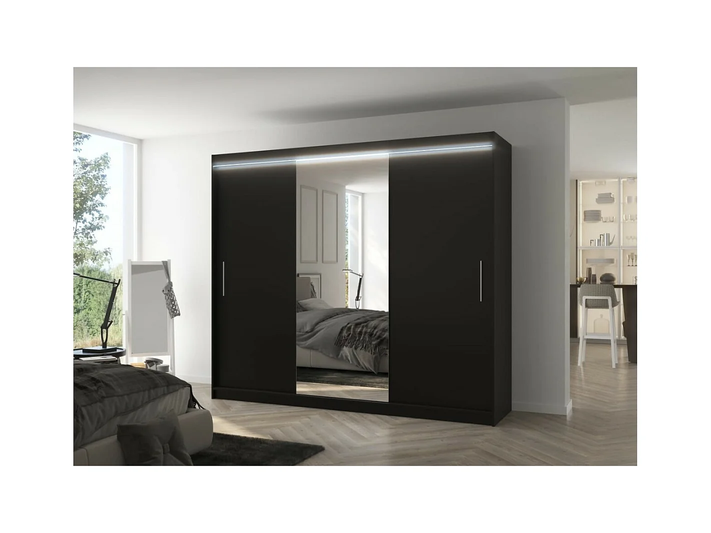 Armoire Bargala (250cm)/Miroir/LED/Portes coulissantes/Noir