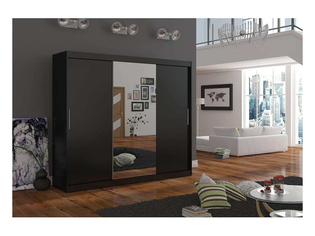 Armoire Bargala (250cm)/Miroir/LED/Portes coulissantes/Noir