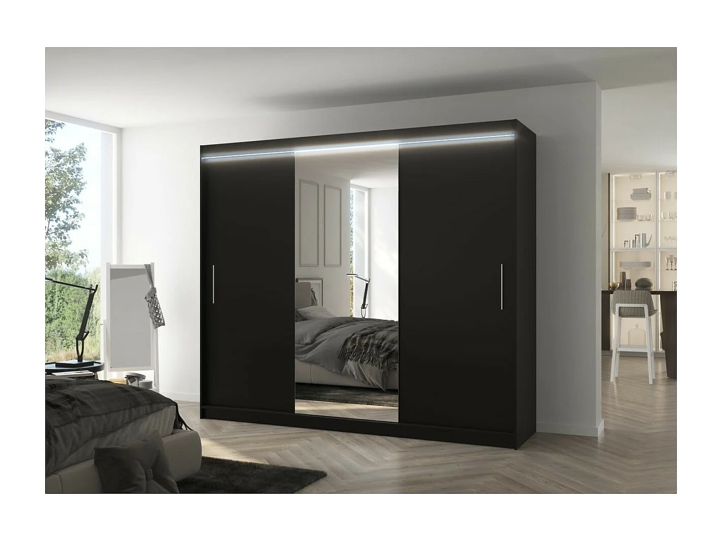Kleiderschrank Bargala (250cm)/Spielgel/LED/Schiebetüren/Schwarz
