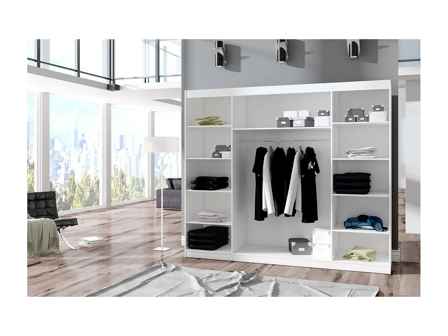 Kleiderschrank Bargala (250cm)/Spielgel/LED/Schiebetüren/Schwarz