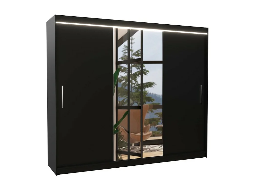 Kleiderschrank Bargala (250cm)/Spielgel/LED/Schiebetüren/Schwarz