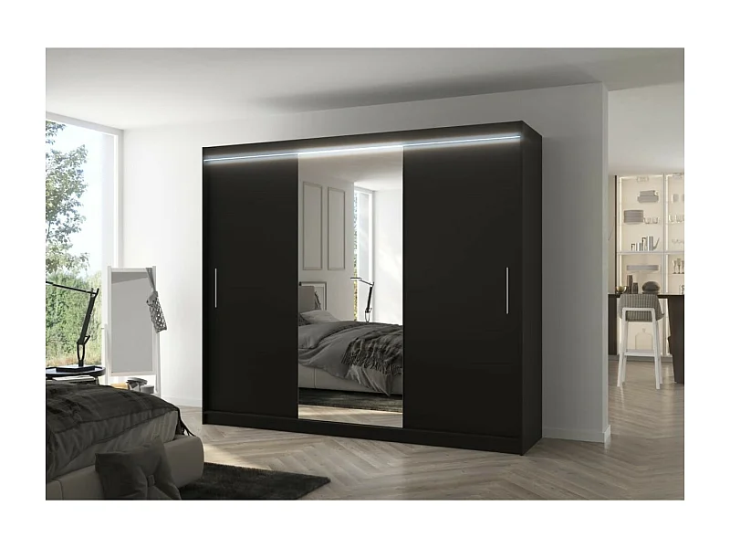 Kleiderschrank Bargala (250cm)/Spielgel/LED/Schiebetüren/Schwarz