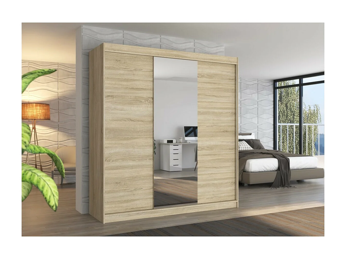 Armoire Lima (200cm)/Miroir/Portes coulissantes/Sonoma